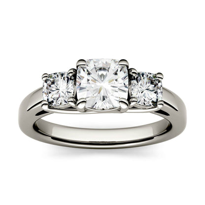 1.76 CTW DEW Cushion Moissanite Three Stone Ring