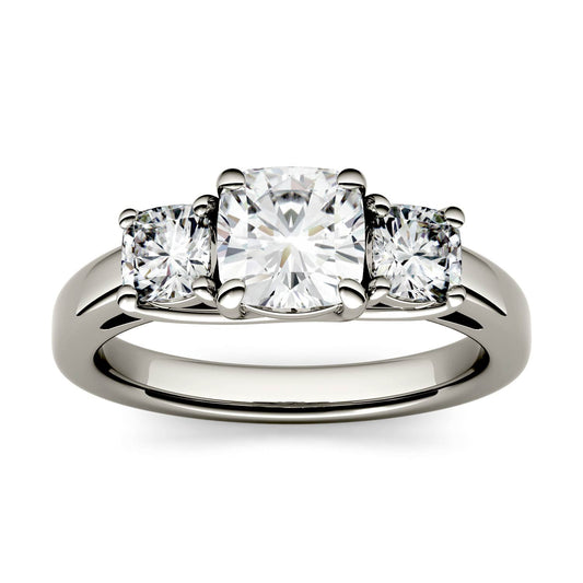 1.76 CTW DEW Cushion Moissanite Three Stone Ring