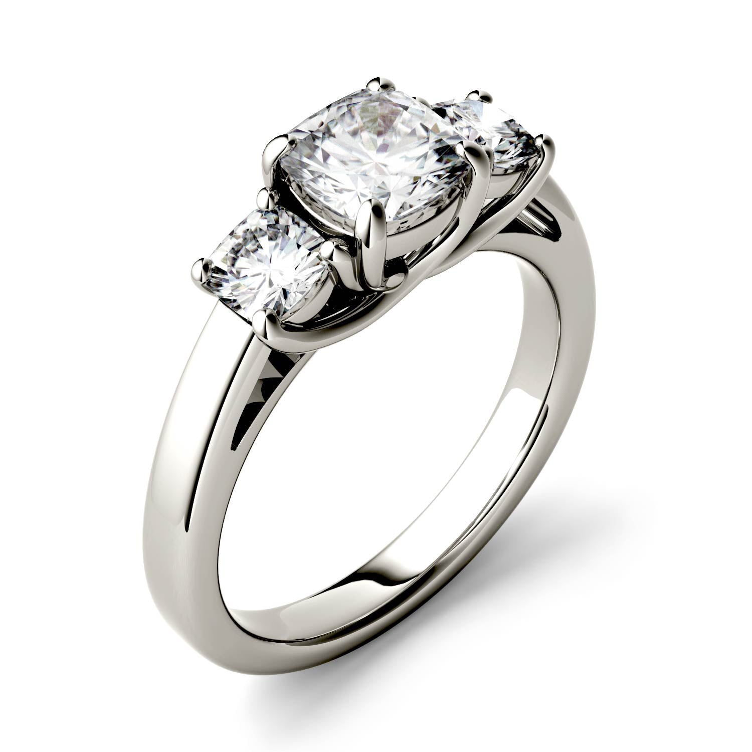 1.76 CTW DEW Cushion Moissanite Three Stone Ring