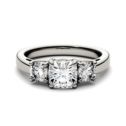 1.76 CTW DEW Cushion Moissanite Three Stone Ring