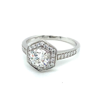 Stunning Moissanite Geometric Halo Engagement Ring in 14K White Gold