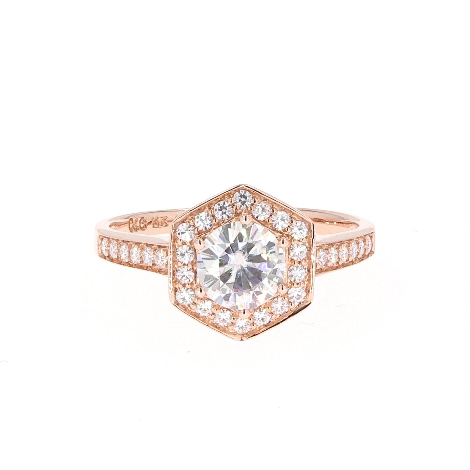 Moissanite Rose Gold Geometric Halo Ring