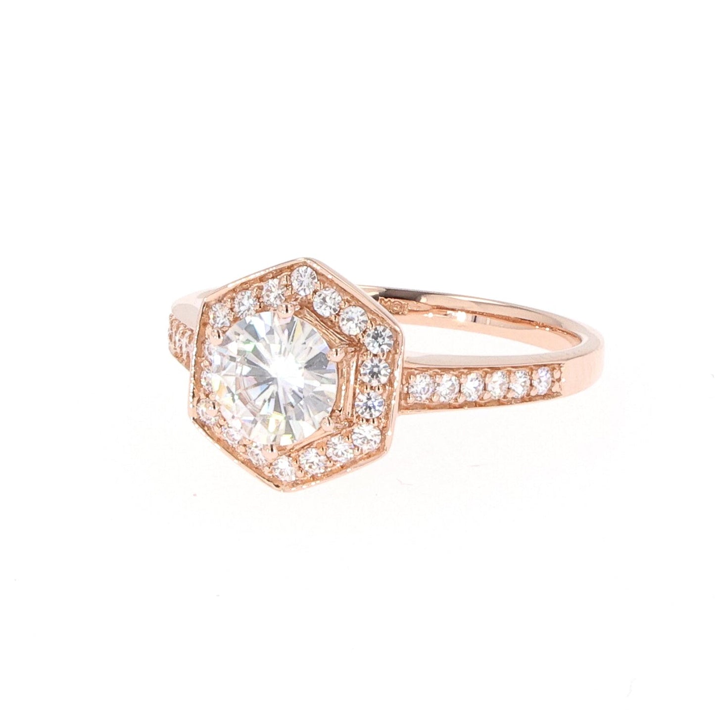 Moissanite Rose Gold Geometric Halo Ring