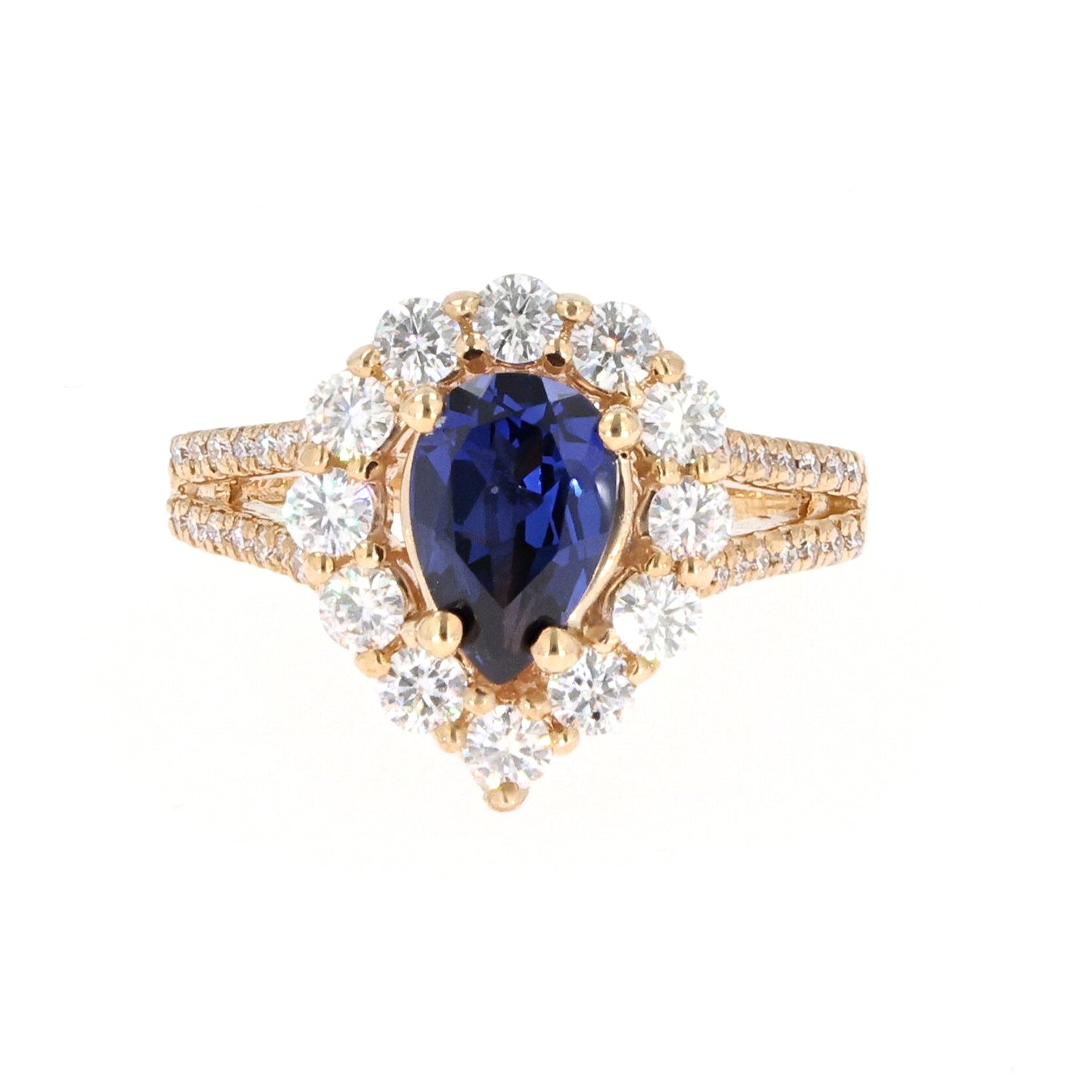 2.73 CTW Blue Pear Moissanite & Sapphire Ring in 14K Gold